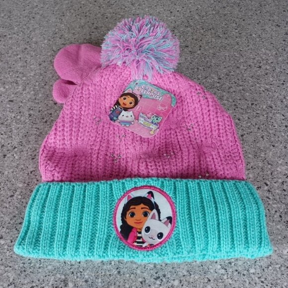 Gabby's Dollhouse Hat and Mittens Set Pink Knit Beanie - Picture 1 of 4